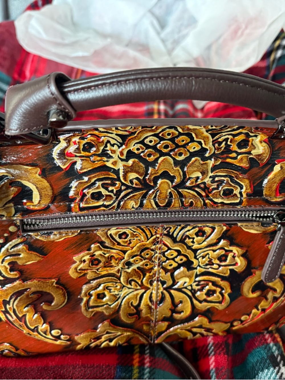Hand-Painted Floral Embossed Leather Satchel - Brown & Gold
